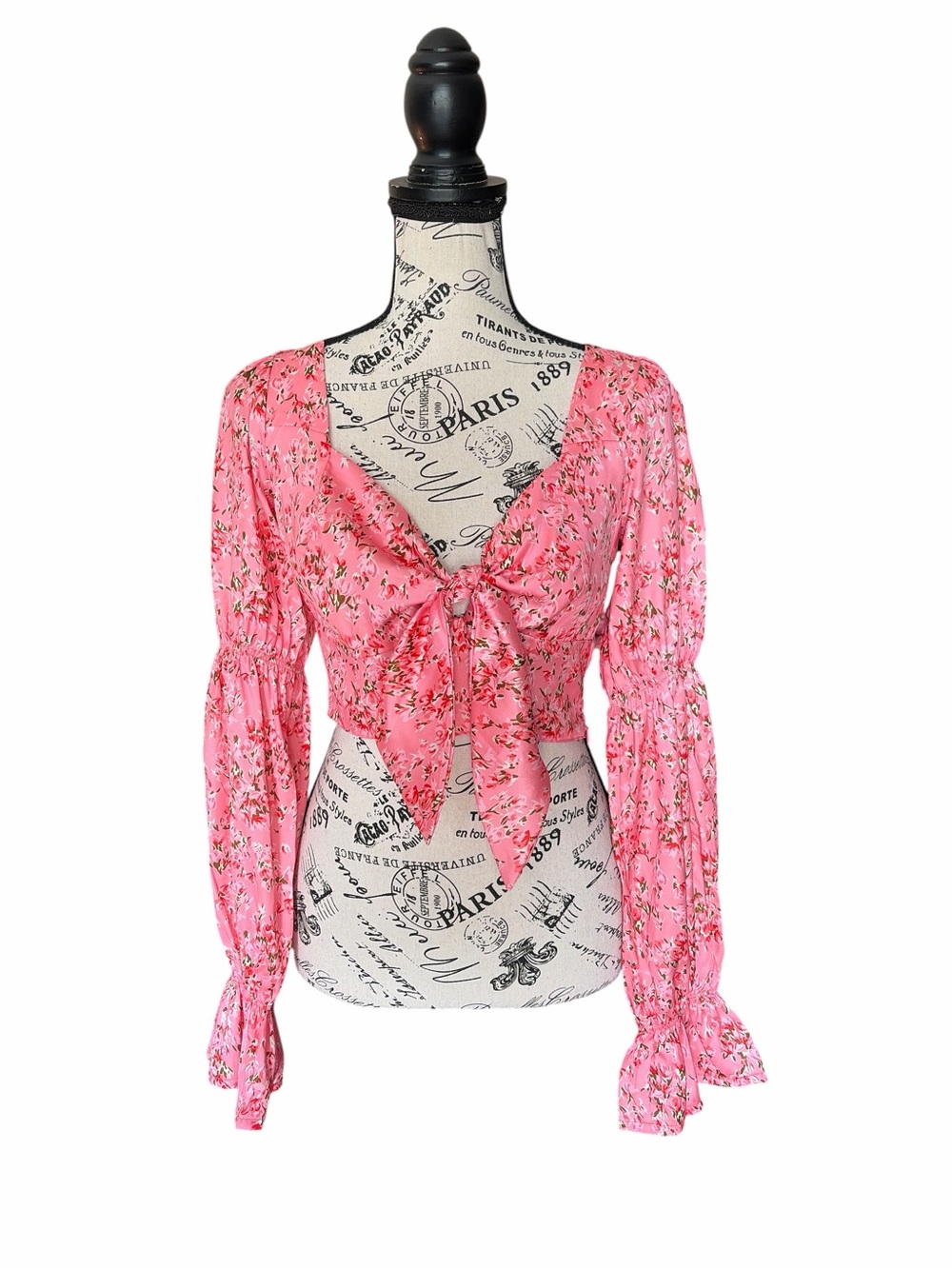 O Vianca Floral Tie Front Crop Blouse Puff Sleeve Coquette Pink Small NWOT